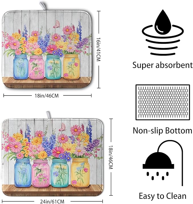 Daisy Dish Drying Mat for Kitchen Counter Spring Summer Flowers Vases Dishes Pad Microfiber Absorbent Dish Draining Mats Rustic Farmhouse Floral Wooden Board Dish Drainer Rack Mat 16x18 Inch - Image 2
