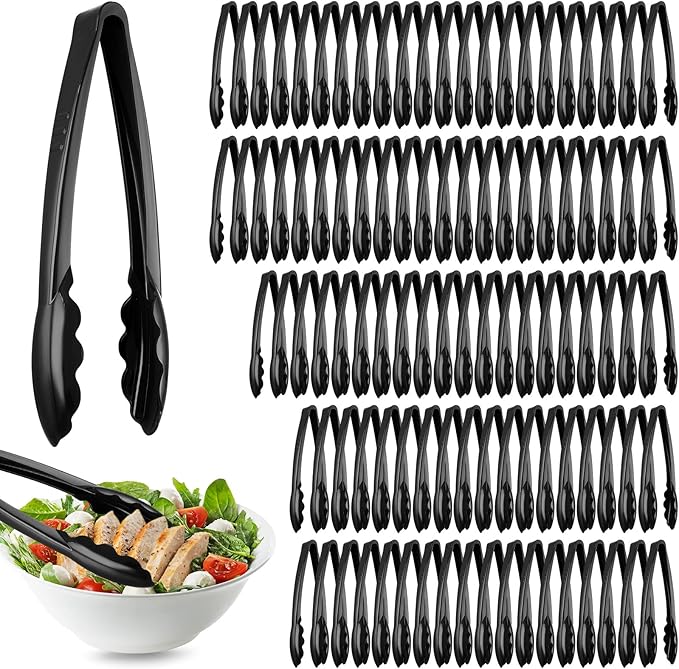 Tessco for you 100 Pcs Plastic Tongs for Serving Bulk, 9 Inch Plastic Disposable Serving Tongs, Heavy Duty Salad Tong for Kitchen, Buffet, BBQ, Events & Catering (Black) by Tessco
