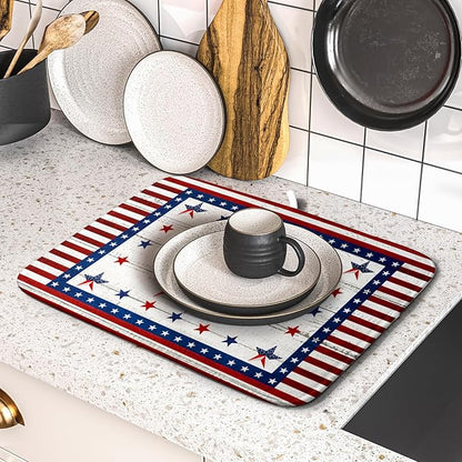 Giwawa Patriotic Stars Dish Drying Mat 4th of July America Star Wreath Dish Drainer Mats for Kitchen Countertop 16"x18" Rustic Independence Day Reversible Dish Drying Pad Small Decor