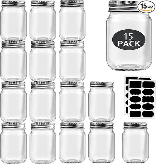 Rainforce 16 oz Mason Jars With Lids Regular Mouth 15 Pack-16oz Glass Jars with Silver Lids,Bulk Pint Clear Glass Jars For Meal Prep, Food Storage With 20 Labels by Rainforce