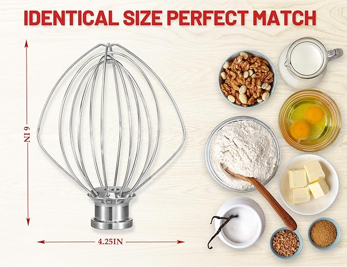 K45WW 6 Wire Whip for 4.5 5 QT KitchenAid Tilt-Head Stand Mixer，Whisk Attachment Fits Kitchen Aid, Compatible with Kitchen Aid Accessories K45,K45SS,KSM90,KSM110,KSM150 (Dishwasher Safe)