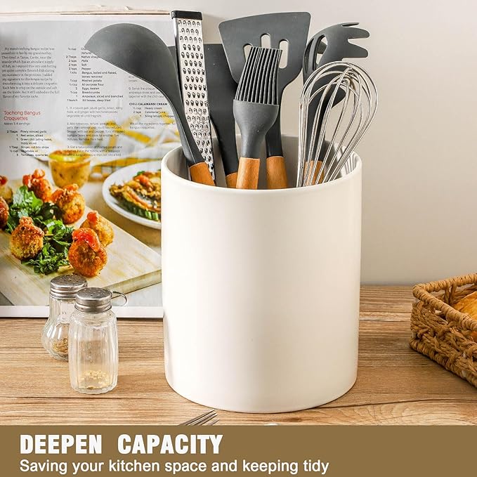 7" White Utensil Holder, Large Kitchen Utensil Holder Organizer , White Stable Utensil Crock Spatula Holder for Kitchen Counter Countertop Farmhouse Cooking Tools Holder - Image 3