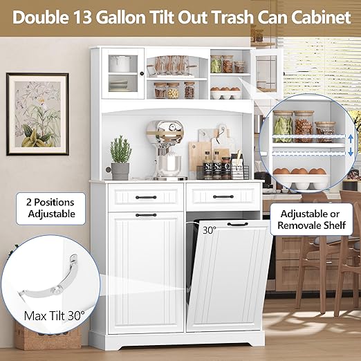Double 13 Gallon Tilt Out Trash Can Cabinet with Deodorizing Function and Power Outlet, 71" Tall Wooden Garbage Can Holder Cabinet with 2 Storage Hutch & 2 Drawers for Kitchen and Dining Room, White