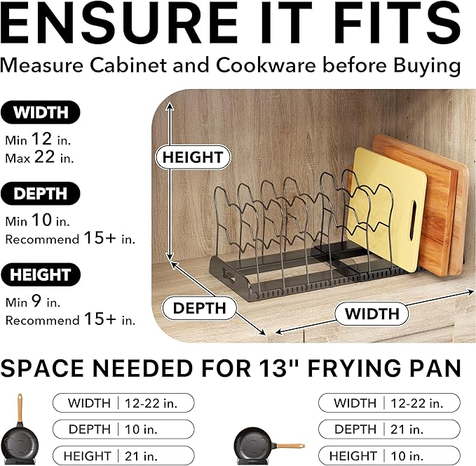 Simple Houseware Expandable Pan Organizer Rack, 10 Adjustable Compartments, Black - Kitchen Cabinet Organizer for Pots, Pans, Lids & Bakeware - Pantry & Countertop Storage - Image 3