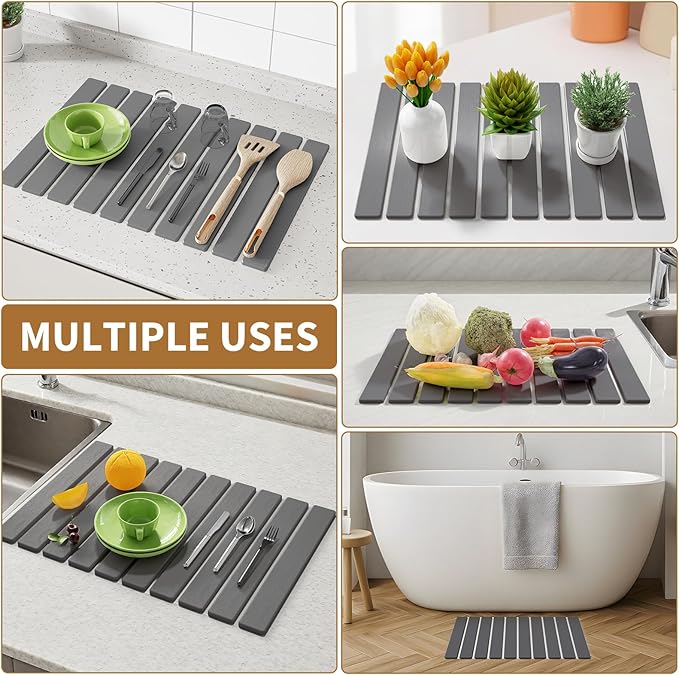 Stone Dish Drying Mats for Kitchen Counter,23.6''x15.3'' Foldable Quick Dry Stone Mat Kitchen,Eco-Friendly,Absorbent Diatomaceous Earth Mats for Dishes Bottles Cups Bathroom Any Countertop-Dark Gray - Image 6