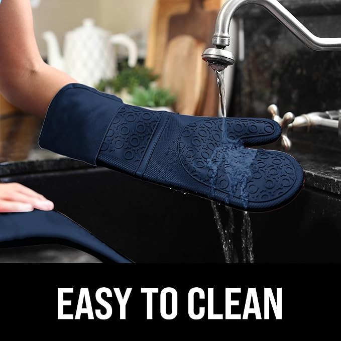 BPA-Free Soft Silicone Oven Mitts - Ultra Heat Resistant Oven Mitts with Thick Cotton Liner - Extra Long Slip Resistant Pot Holders, Flexible Oven Gloves - Navy 14.7" - Image 6