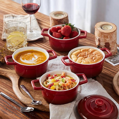 Lareina Mini Cocotte - 12oz Ceramic Casserole Dishes - Kitchen Casserole Sets With Handles And Lid - Small Baking Ramekins - Oven, Microwave & Dishwasher Safe - Set of 4 - Red - Image 3