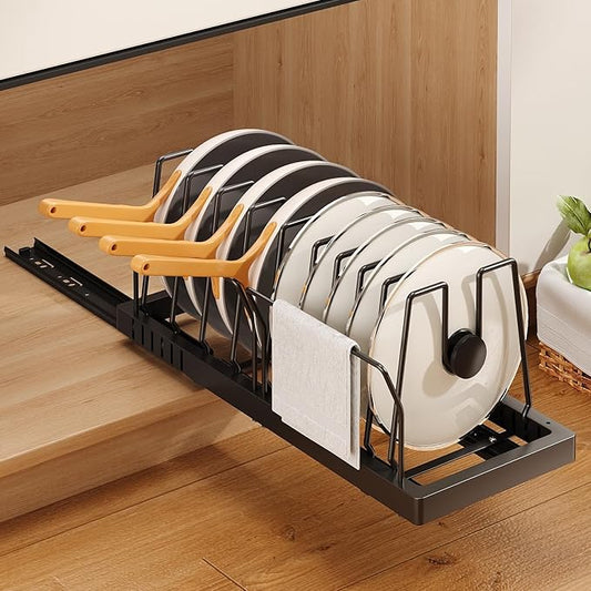 Mustorn Pots and Pans Organizer Under Cabinet, 21.6" Deep Pull Out Pot Lid Organizer Holder with Guardrail Adhesive Pot and Pan Holder Rack with 10 Adjustable Dividers-1 Pack(Black) by MUSTORN