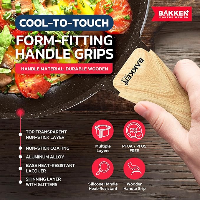 Bakken Master 20 Piece Cookware Set - Pots and Pans with Handle Grips and Tempered Glass Lids, With 6-piece Bakeware Set, Nonstick Granite Coating, Ceramic Max Temperature (Up To 500°F), Brown Marble - Image 5