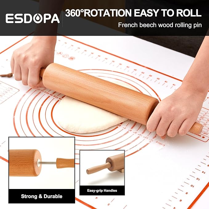 Classic Wood Rolling Pin - Wooden Rolling Pins for Baking Silicone Mat Set, Dough Roller with Wood Base, Fondant Roller for Pie Crust Cookies Pizza Dough and Bread, 17 Inch - Image 2