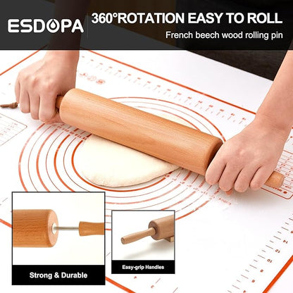 Classic Wood Rolling Pin - Wooden Rolling Pins for Baking Silicone Mat Set, Dough Roller with Wood Base, Fondant Roller for Pie Crust Cookies Pizza Dough and Bread, 17 Inch - Image 2