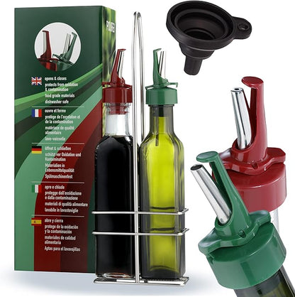 Poura Vinegar and Olive Oil Bottle Drizzler Set with ClickSeal BPA Free Pour Spouts | Glass Oil & Vinegar Dispenser Bottles for Cooking & Dining | Hygienic Covers + Silicone Decanter Funnel 500ml
