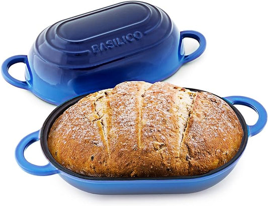Enameled Cast Iron Bread Oven 2 Qt (Blue), Non-Stick Single Loaf Cast Iron Bread Pan with Lid, Easy Homemade Sourdough Dutch Oven with Lid, Oven-Safe Artisan Bread Baking Pan
