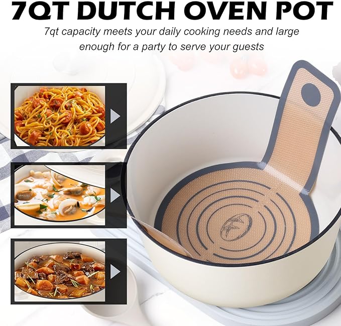 TeamFar Enameled Cast Iron Dutch Oven, 7qt Dutch Oven Pot Nonstick Cookware with Lid & Dual Handles for Bread Baking, Cooking, Oven Safe up to 500℉ & Various Stovetops, Healthy & Heavy Duty - White - Image 6