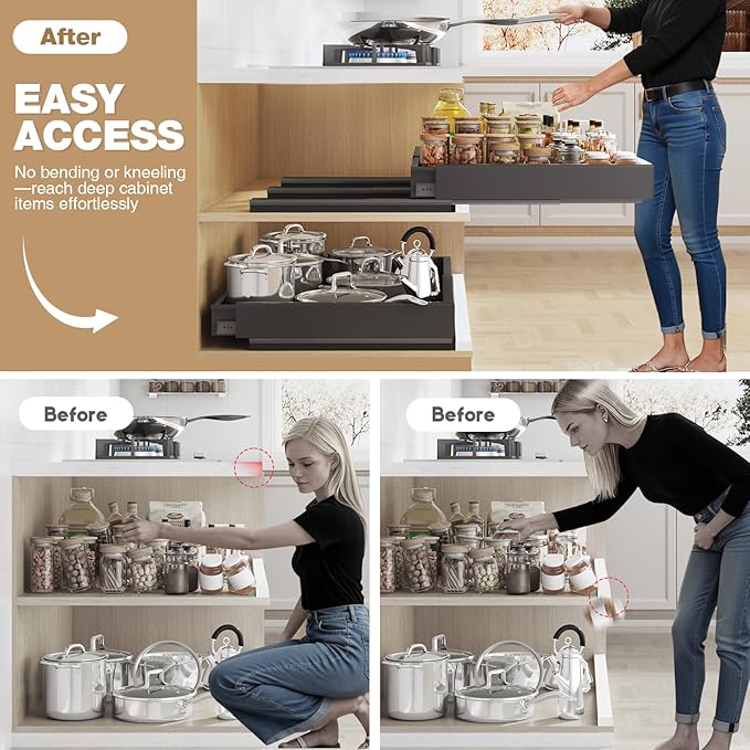 Seinloes 2 Pack Pull Out Cabinet Organizer With Raising Pad for Framed Cabinets,Expandable Width (15"-25") and Depth (17"-24"),3 Slide Rails Slide Out Drawers with Handle,No-Drill Roll Out Shelf,Black - Image 4