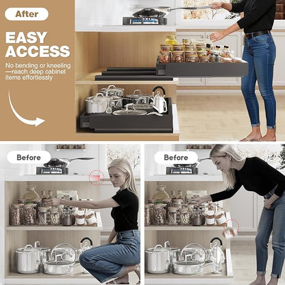 Seinloes 2 Pack Pull Out Cabinet Organizer With Raising Pad for Framed Cabinets,Expandable Width (15"-25") and Depth (17"-24"),3 Slide Rails Slide Out Drawers with Handle,No-Drill Roll Out Shelf,Black - Image 4