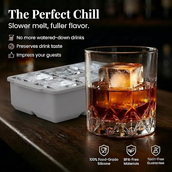 KitchFort Large Silicone Ice Cube Tray (3-Pack), Easy Release 2" Big Ice Cubes - Cocktail, Whiskey Ice Cubes Mold - Ice Trays for Freezer with Lid - Stackable Silicone Ice Tray - Gray - Image 4