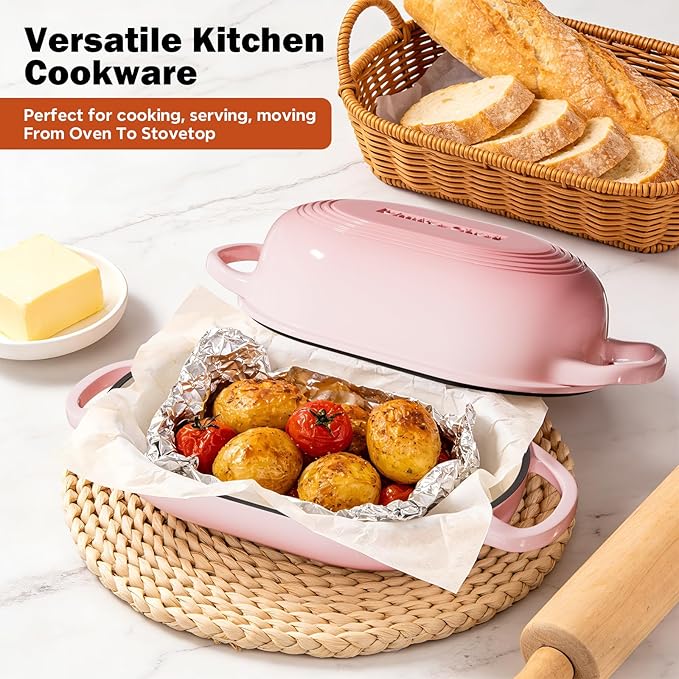 Enameled Cast Iron Sourdough Bread Oven, Dutch Oven for Bread Baking, - incl. Sourdough Bread-Baking Supplies like Banneton Bread-Proofing Basket - 5QT Loaf Cast Iron Bread Pan-Making Kit Pan, Pot, Sour Sough Tools, Lame (Pink) - Image 5