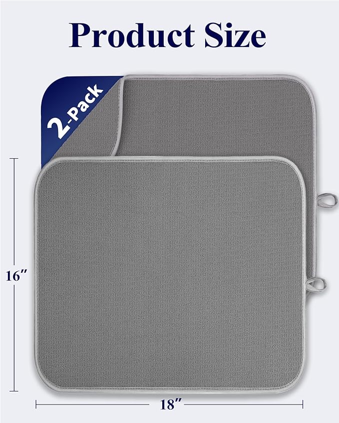 Kitsure Dish Drying Mat - 2-Pack Washable Microfiber Drying Mat for Kitchen Counter, 3-Layer Ultra Absorbent Pad with a Hanging Hook, 18" x 16", Dark Grey - Image 2