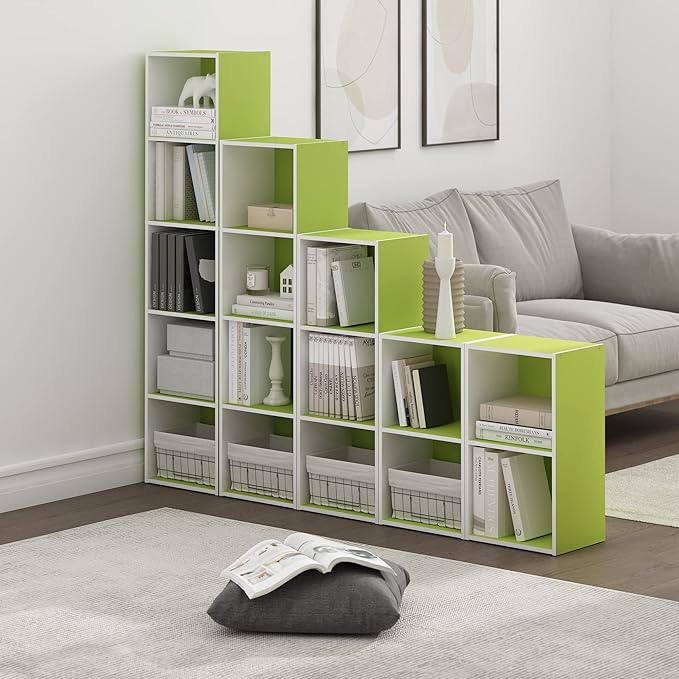 Furinno PASIR Book Shelf, 2-Tier Modern Bookshelf, Open Shelves Bookcase 9 x 12 x 21, Easy Assembly, for Living Room, Bedroom, Home Office, Green/White - Image 2