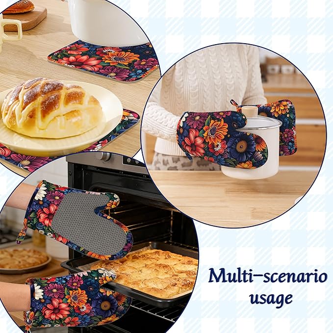 Colourful Flowers Potholders & Oven Mitts Sets Spring Floral Silicone Heat Resistant Oven Mits and Hot Pads Non-Slip Pot Holders Gloves for Kitchen Chef Cooking Baking Grilling BBQ