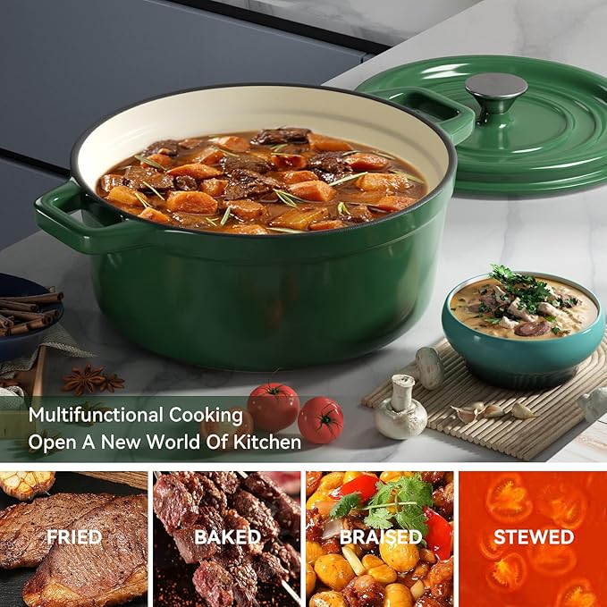 Miereirl 6.5 Quart Enameled Dutch Oven Pot with Lid, Cast Iron Dutch Oven with Dual Handles for Bread Baking, Cooking, Non-stick Enamel Coated Cookware (Green) - Image 6