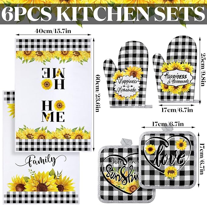 Leinuosen 6 Plaid Sunflower Kitchen Towels Kitchen Decor and Accessories Set Floral Plant Oven Mitts and Pot Holders Sets Farmhouse Absorbent Dish Towels for Cooking Baking Grilling - Image 3