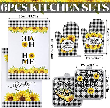 Leinuosen 6 Plaid Sunflower Kitchen Towels Kitchen Decor and Accessories Set Floral Plant Oven Mitts and Pot Holders Sets Farmhouse Absorbent Dish Towels for Cooking Baking Grilling - Image 3