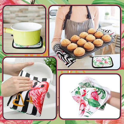 Bencailor 6 Pcs Flamingo Kitchen Towels Oven Mitts and Pot Holders Set Decorative Dish Towels Tea Washcloth Non Slip Heat Resistant Oven Gloves for Summer Home Cooking Baking, Pink - Image 6
