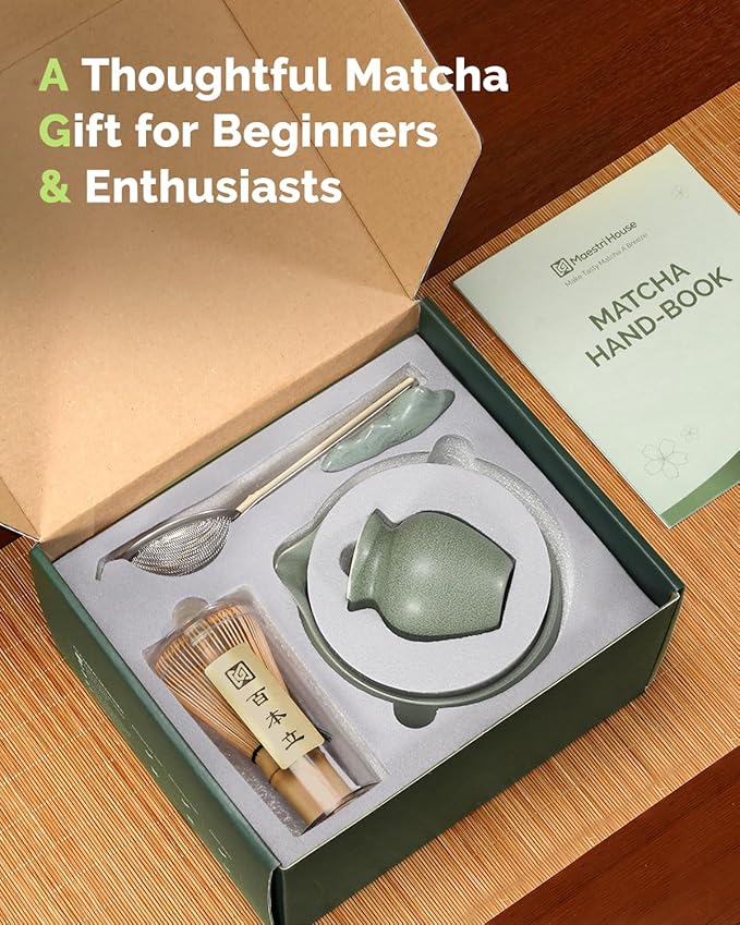Maestri House Matcha Whisk Set, 7-Pc Complete Matcha Kit with Spouted Ceramic Bowl, Bamboo Whisk and Holder, Scoop, Spoon Rest & Sifter, Tea Cloth – Ideal Gift for Matcha Lovers (Moss-Green) - Image 8