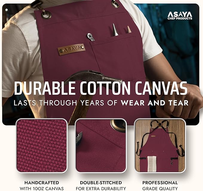 Asaya Chef and BBQ Apron with Bottle Opener and Hand Towel - 10oz Cotton Canvas, Stainless Steel Hardware - Cross Back Straps - Image 3