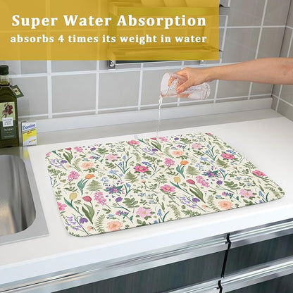 Spring Floral Dish Drying Mat for Kitchen Counter 18x24 Pink Sage Green Flower Vintage Botanical Print Absorbent Reversible Microfiber Drying Mats Kitchen Countertop Protector Dishes Drainer Rack Pad - Image 7