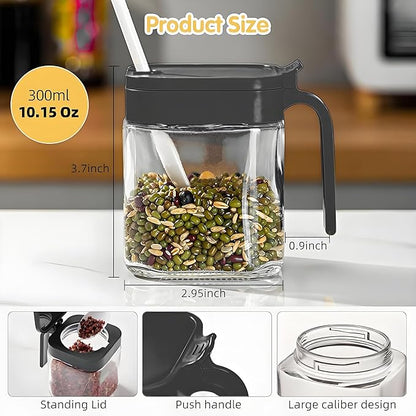 Condiment Jar Spice Container with Lids and Spoons, Kitchen Spice Pot Set of 3, 11oz Clear Glass Condiment Pot with Tray, Kitchen Salt Pepper Sugar Storage Container Jar (black, 300ml)