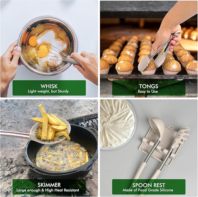 HOTEC 446°F Heat Resistant Silicone Kitchen Utensils, Cooking Utensil Set, Spatula Set, BPA Free, Kitchen Gadgets, With Stainless Steel Utensils Holder, Dishwasher Safe 14pcs Khaki - Image 7