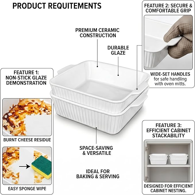 10" Square Ceramic Casserole Dish Set of 2-2.6 Qt Deep Baking Dishes with Handles for Oven, Lasagna Pan for Casseroles Cake Bread, Microwave Dishwasher Safe Bakeware Set, White - Image 5
