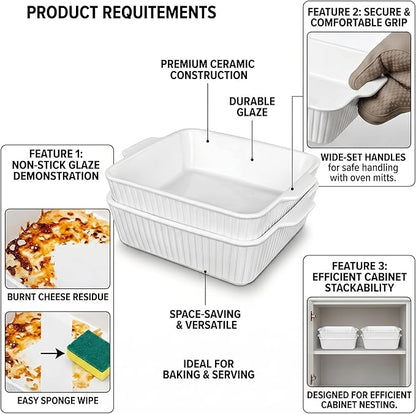 10" Square Ceramic Casserole Dish Set of 2-2.6 Qt Deep Baking Dishes with Handles for Oven, Lasagna Pan for Casseroles Cake Bread, Microwave Dishwasher Safe Bakeware Set, White - Image 5