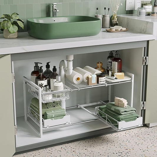 NETEL Under Sink Organizers and Storage,Kitchen Cabinet Organizer,2 Tier Under Sink Expandable Shelves，Bathroom Cabinet Organizer with Pull Out Drawers,(30.9-31.64)" W x 14.69" D x 15.83" H,White