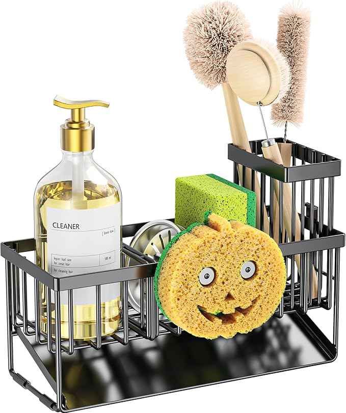 Cisily Kitchen Sink Caddy Organzier with High Brush Holder, Sponge Holder for Sink, 304 Rustproof Stainless, Kitchen Countertop Soap Dispenser Organizer (Black With Smiley Face Holder, 9.25″) - Image 7