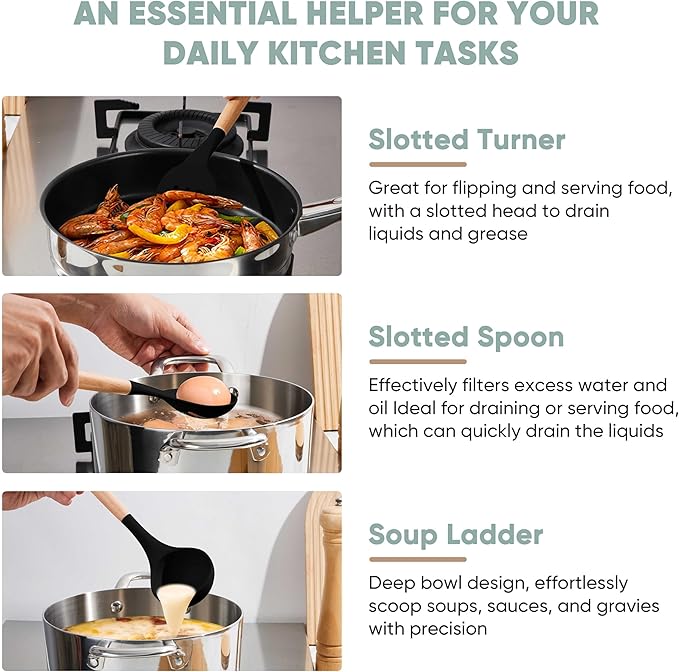 Herogo 5-Piece Cooking Utensils Set, Silicone Kitchen Utensils Set with Wooden Handle, Heat Resistant Cooking Tools Slotted Turner, Spoon, Soup Ladle, Spatula, Spoonula for Nonstick Cookware, Black - Image 4