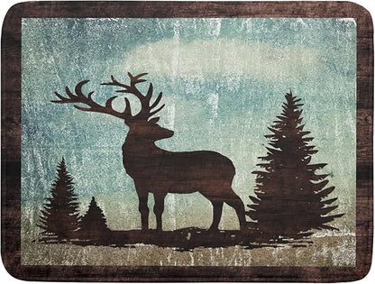 Giwawa Retro Deer Forest Cabin Silhouette Dish Drying Mat Countertop 18x24 Fall Blue Sky Cloud Cartoon Elk Wild Animal Bushes Drainer Mat Pine Tree Grass Dishes Pad Rustic Moose Dish Drainer Rack
