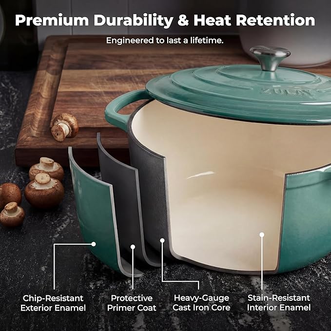 Zulay Kitchen 6 Quart Enameled Cast Iron Dutch Oven Pot with Lid – Premium Durability & Oven Safe up to 500°F – Heavy Duty Cookware Perfect for Bread Baking, Stews, Braising & Roasting - Aventurine - Image 5