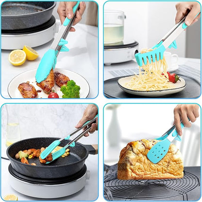 5-Pack Silicone Tongs for Cooking,Maywe Tanso 4PCS 13-Inch Kitchen Tongs with Silicone Tips,Nonstick Stainless Steel Tong for Steak Pie Pizza Pasta Spaghetti Salad BBQ Buffet,Plus Brush - Image 2