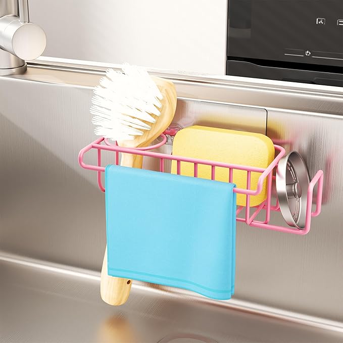 HapiRm Sink Caddy Sponge Holder - No Drill Sponge Holder for Kitchen Sink, Rustproof and Waterproof Kitchen Organizer - Pink - Image 5