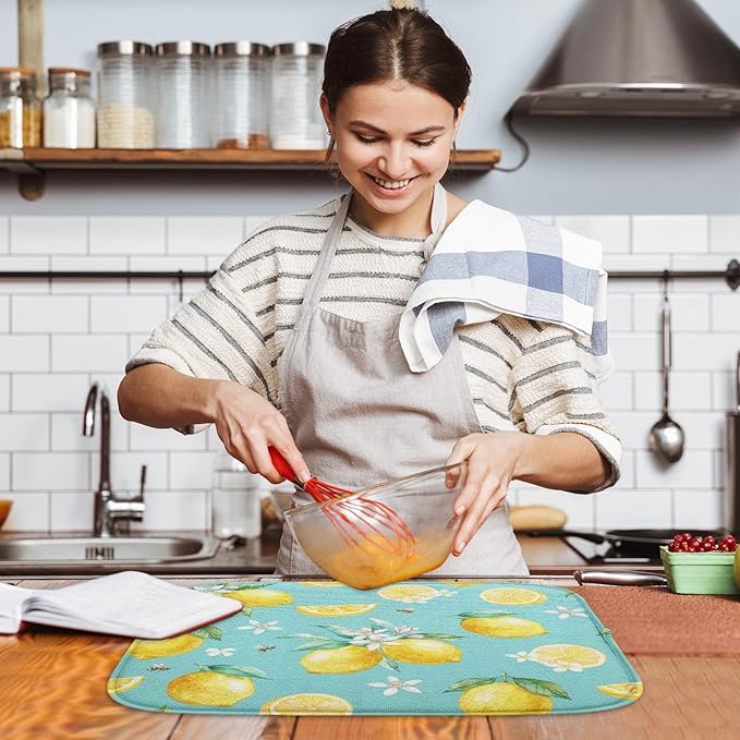 Sanwarm Absorbent Dish Drying Mat, Watercolor Lemons Yellow Fruit Lime Microfiber Pad for Kitchen Counter, Coffee Bar Decor, Heat Resistant and Reversible, 16" x 18"