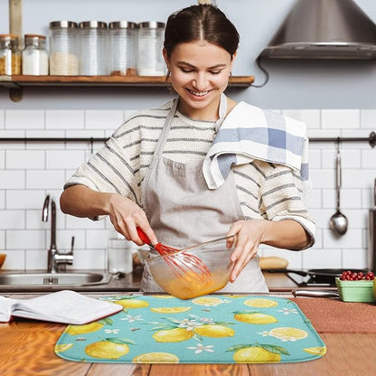 Sanwarm Absorbent Dish Drying Mat, Watercolor Lemons Yellow Fruit Lime Microfiber Pad for Kitchen Counter, Coffee Bar Decor, Heat Resistant and Reversible, 16" x 18"