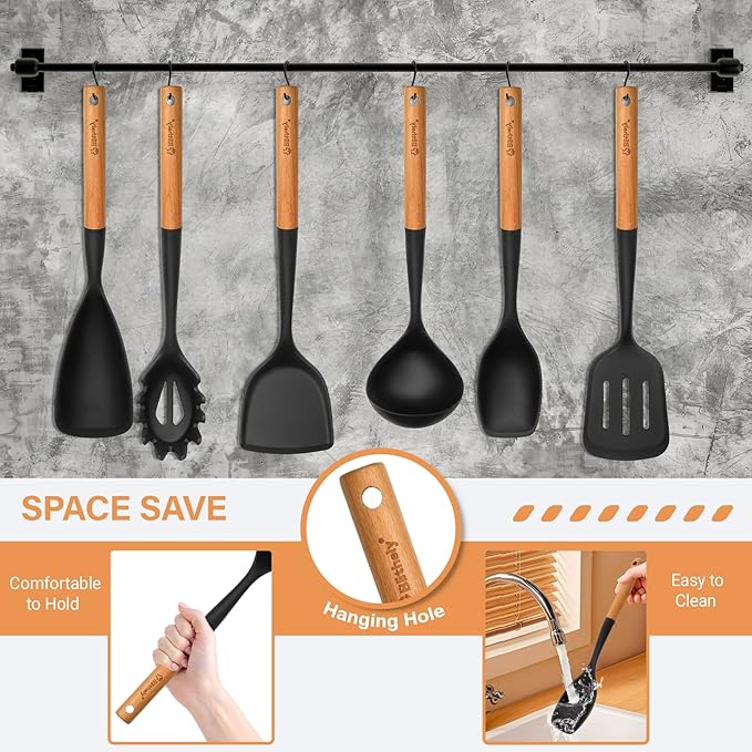 Large Silicone Cooking Utensils Set, 10Pcs Nonstick Kitchen Utensil Set with Wooden Handle, Heat Resistant Silicone Utensils for Cooking, BPA Free Spatula Set with Turners Spoon Ladle Skimmer(Black) - Image 5