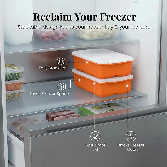 KitchFort Large Silicone Ice Cube Tray (2-Pack), Easy Release 2" Big Ice Cubes - Cocktail, Whiskey Ice Cubes Mold - Ice Trays for Freezer with Lid - Stackable Silicone Ice Tray - Orange - Image 5