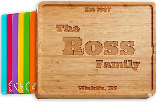 Cooler Kitchen Personalized Cutting Board Set - Custom Engraved Bamboo Charcuterie Board Set with 6 Color-Coded Mats — Engagement Gift, Wedding Gift, Housewarming Gift for Couples & Newlyweds - Large by CoolerKitchen