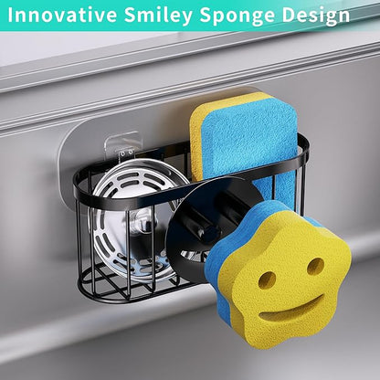 HapiRm Sink Caddy Sponge Holder - 2 Installation Ways Kitchen Sink Organizer with Smiley Face Sponge Holder, Stainless Steel Kitchen Caddy - Black - Image 2