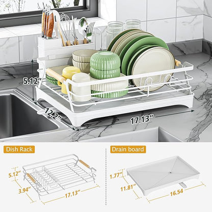 Epicano Dish Drying Rack for Kitchen Counter,Space-Saving Dish Rack,Rustproof Dish Drainer with Utensil Holder and Knife Slots for Sink,Kitchen Drying Rack with Wooden Handle and Cup Holder,White - Image 5